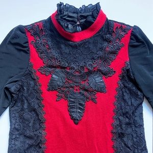 RED AND BLACK INTRICATE FLORAL LACE LONG SLEEVE DRESSY SWEATER HOLIDAY MOCKNECK